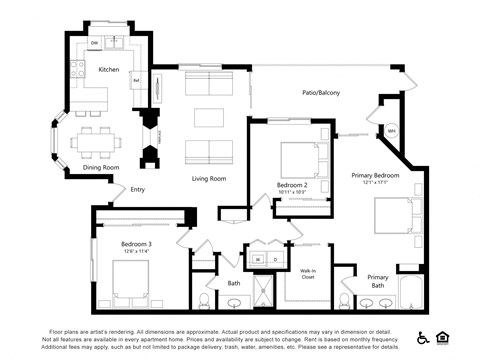 Floor plan for 3 beds, 2 baths, 1443 sqft